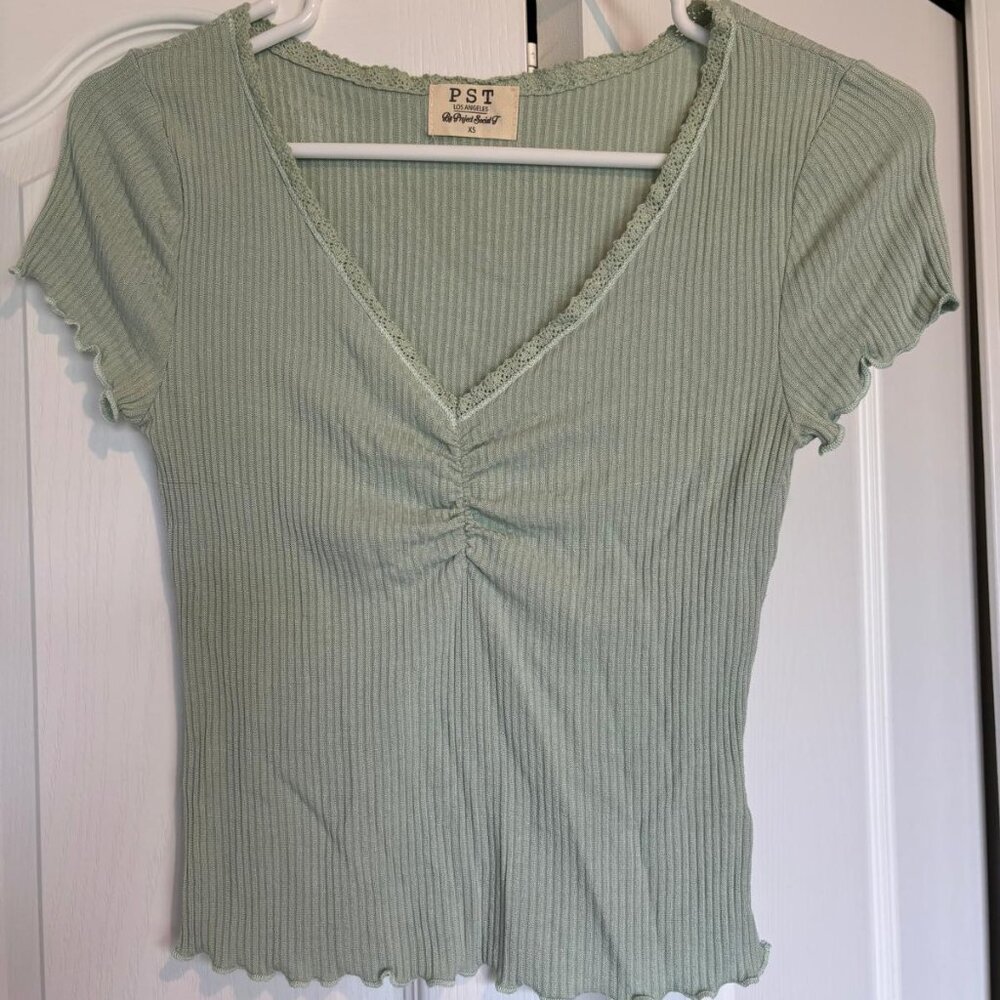 PST Los Angeles (Project Social T) Sage Green Ribbed Lace Trim Top, XS